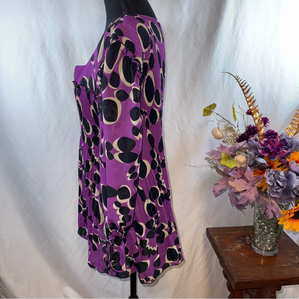 Nicola Purple Abstract Dot Tunic Dress Smocked Empire Waist Long Sleeve - Picture 2 of 7